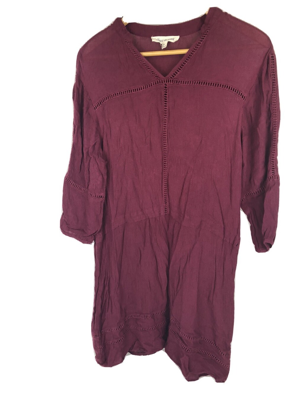 Olive & Oak XS Dress Burgundy 3/4 Sleeve Flowy Crochet Boho Hippie Shift Tunic